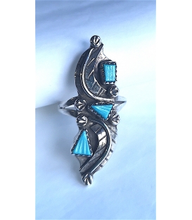Bague  Zuni longue feuilles et turquoises