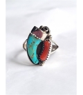 Bague griffe d'ours turquoise et pierre Corail