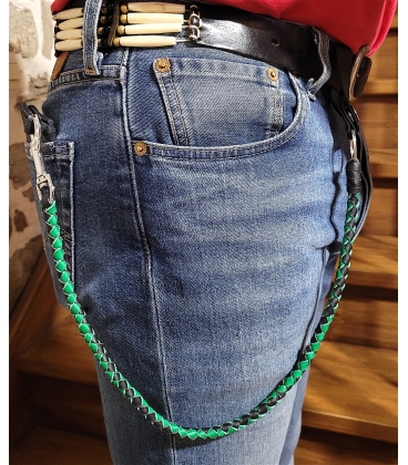 Ensemble fouet "whips" et lacet portefeuille en cuir vert et noir