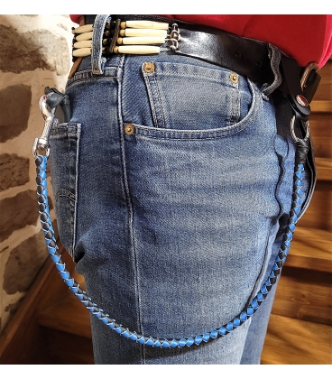 Ensemble fouet "whips" et lacet portefeuille en cuir bleu et noir