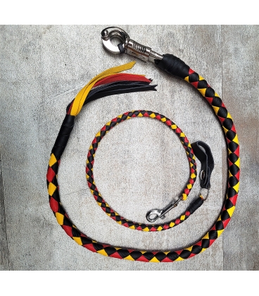 Ensemble fouet "whips" et lacet portefeuille en cuir noir, rouge et jaune