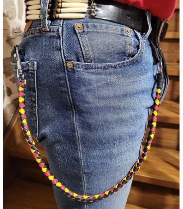 Ensemble fouet "whips" et lacet portefeuille en cuir noir, rouge et jaune