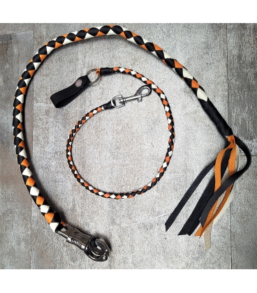 Ensemble fouet "whips" et lacet portefeuille en cuir orange noir et blanc