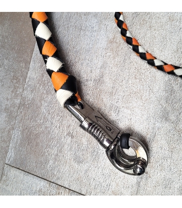 Ensemble fouet "whips" et lacet portefeuille en cuir orange noir et blanc