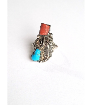 Bague Zuni Corail et turquoise et sa feuille