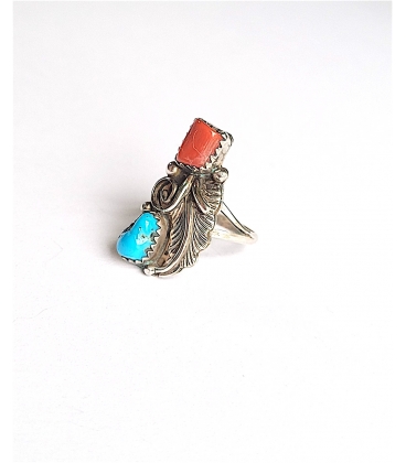 Bague Zuni Corail et turquoise et sa feuille