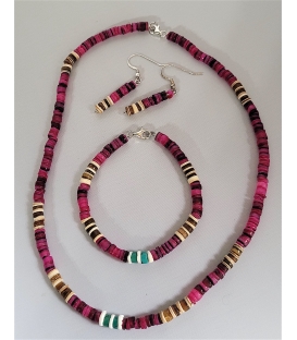 Parure Collier, Bracelet et Boucles d'oreilles perles d'Heishi rose violine