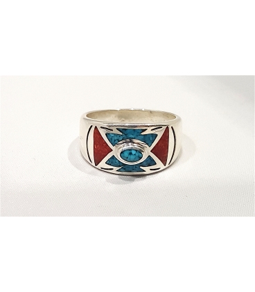 Bague Navajo turquoise et corail